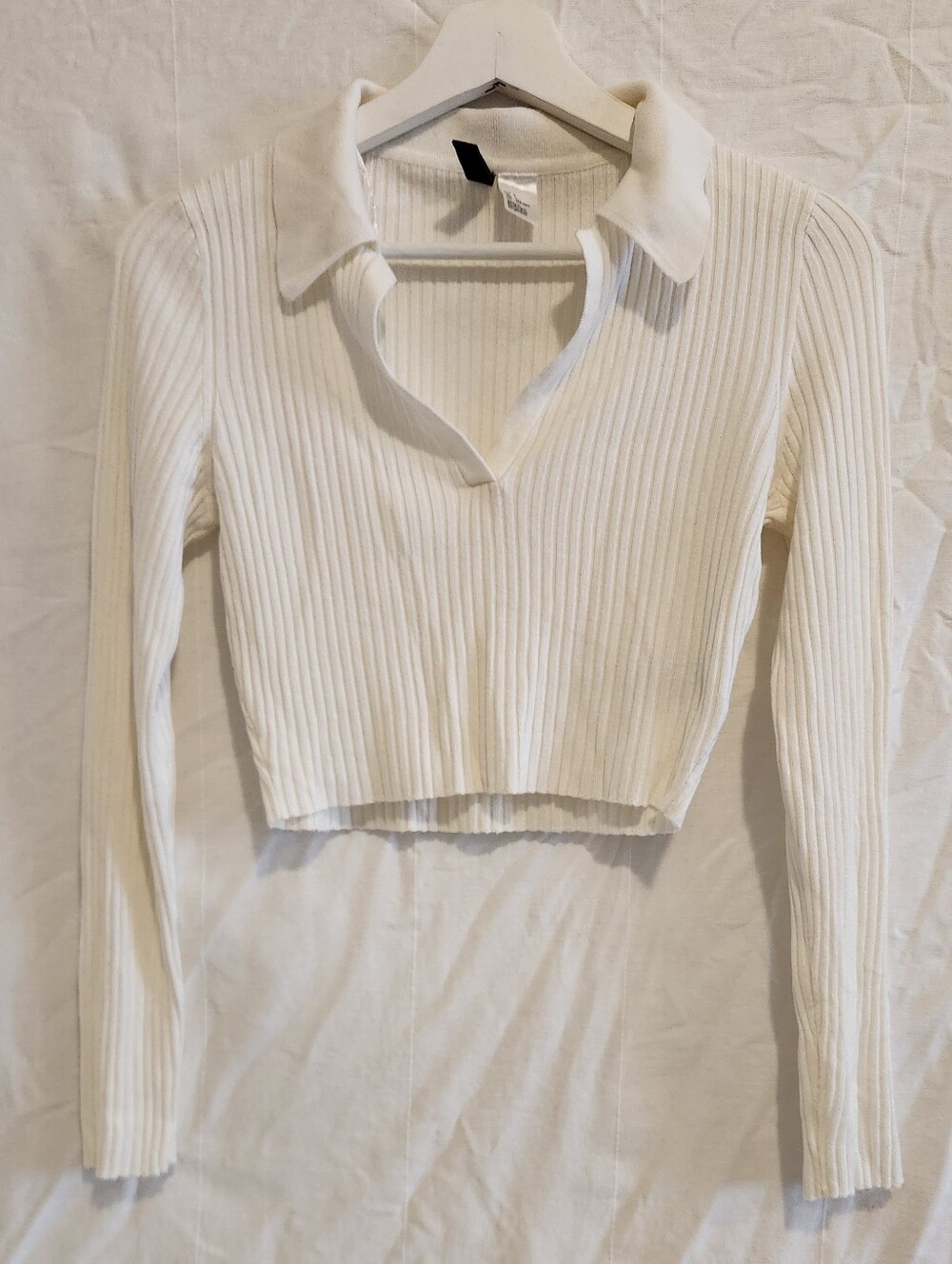 H&M White Ribbed Collared Long-Sleeve Crop Top BOGO 3 FOR $15